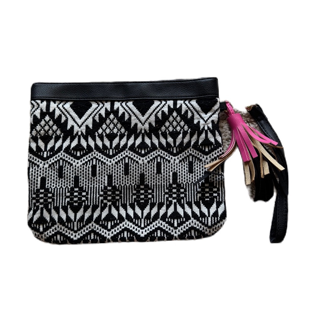 Black and White Patterned Clutch Purse with Pink Tassel Accent for Women EUC